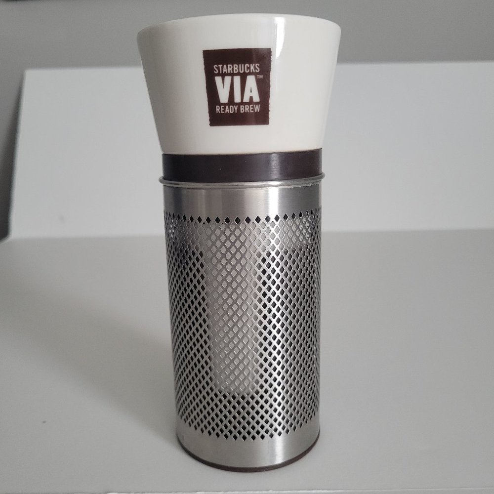 2010 Starbucks Coffee VIA Ready Brew Ceramic & Metal Travel Tumbler Mug 16 oz